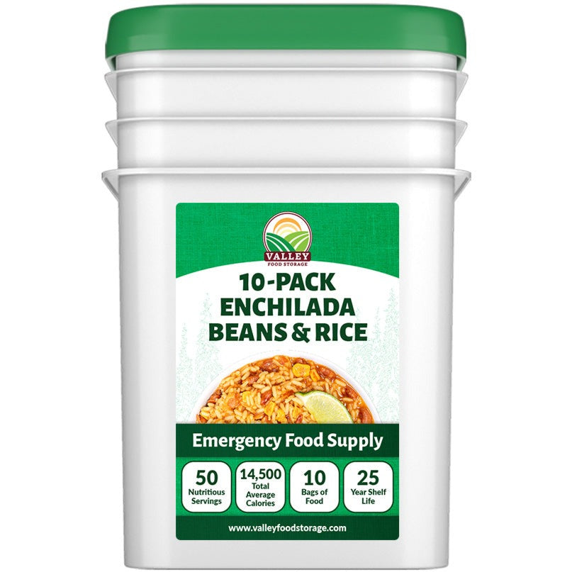 Enchilada Beans and Rice | 10 Pack + Bucket ENTREE Bulk Rice &amp; Beans | Buy Enchilada Bulk Freeze Dried Beans &amp; Rice From Valley Food Storage