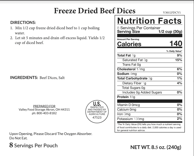Freeze Dried Beef Dices | 10 Bags + Free Bucket Bag From Valley Food Storage