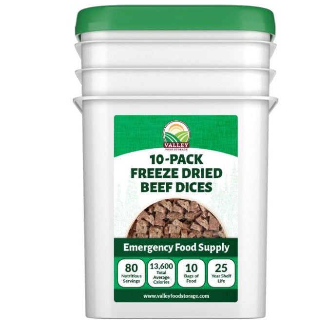 Freeze Dried Beef Dices | 10 Bags + Bucket | USDA-Certified Bag From Valley Food Storage