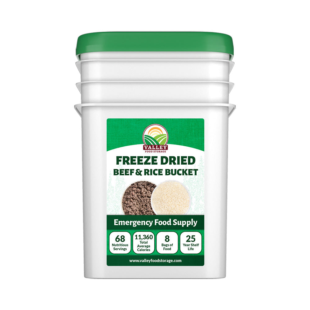 Freeze-Dried Beef &amp; Rice Bucket | USDA-Certified From Valley Food Storage