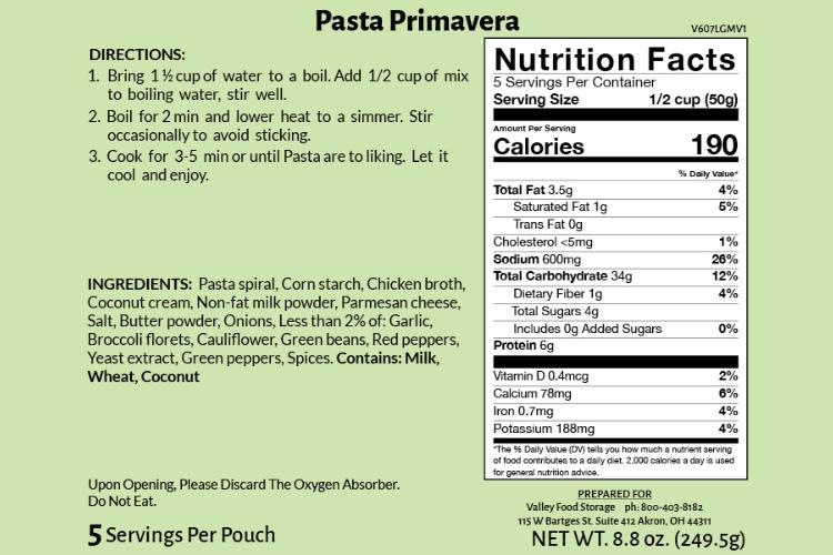 Nutirtion Facts and Directions on how to cook the Pasta Primavera 