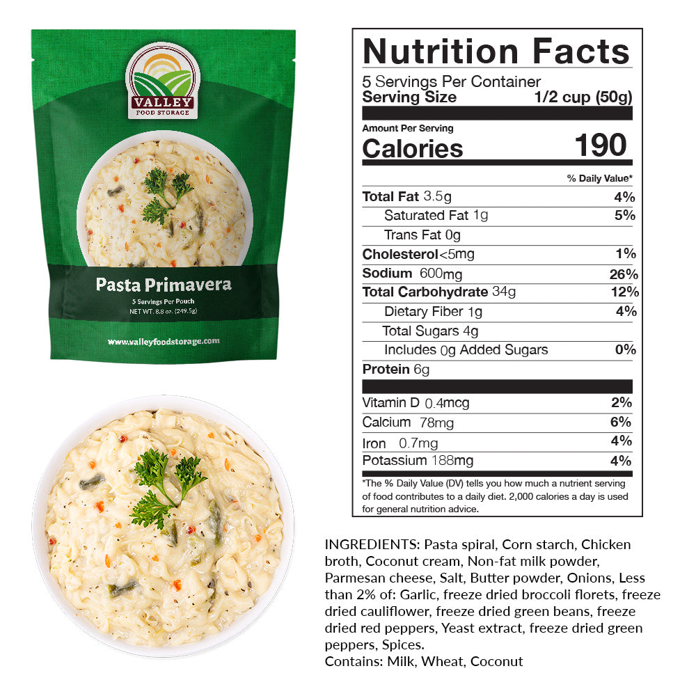 Nutrition Facts of Pasta Primavera From Valley Food Storage